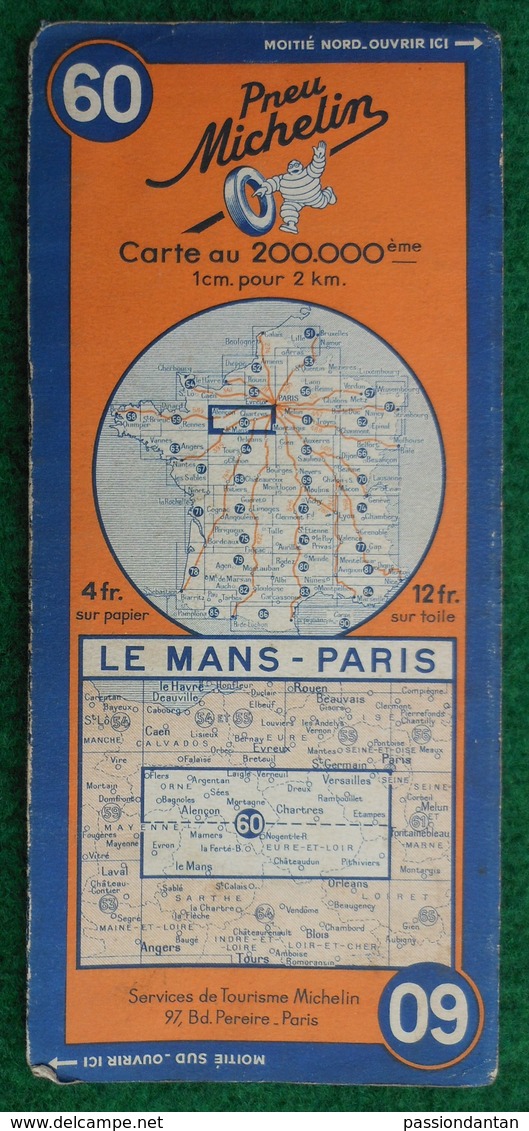Carte Michelin N° 60 - Le Mans - Paris - Années 1940 - Cartes Routières