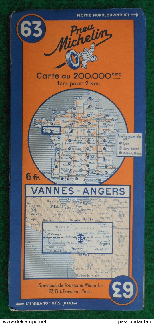 Carte Michelin N° 63 - Vannes - Angers - Années 1940 - Cartes Routières