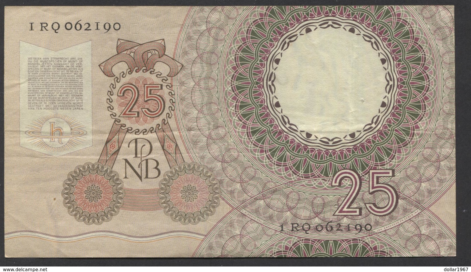 Netherlands  25 Gulden 10-4-1955 - NO: 1 RQ 062190  - See The 2 Scans For Condition.(Originalscan ) - 25 Gulden