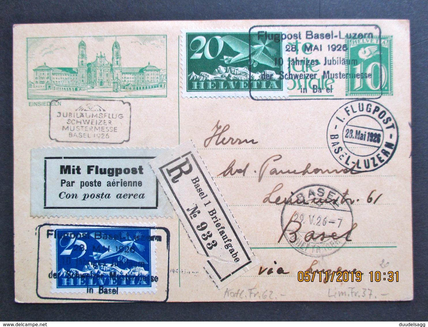 1926 Flugpost (Sujet Einsiedeln), Basel/Mustermesse-Luzern - Erst- U. Sonderflugbriefe