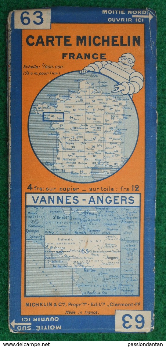 Carte Michelin N° 63 - Vannes - Angers - Années 1930 - Carte Stradali
