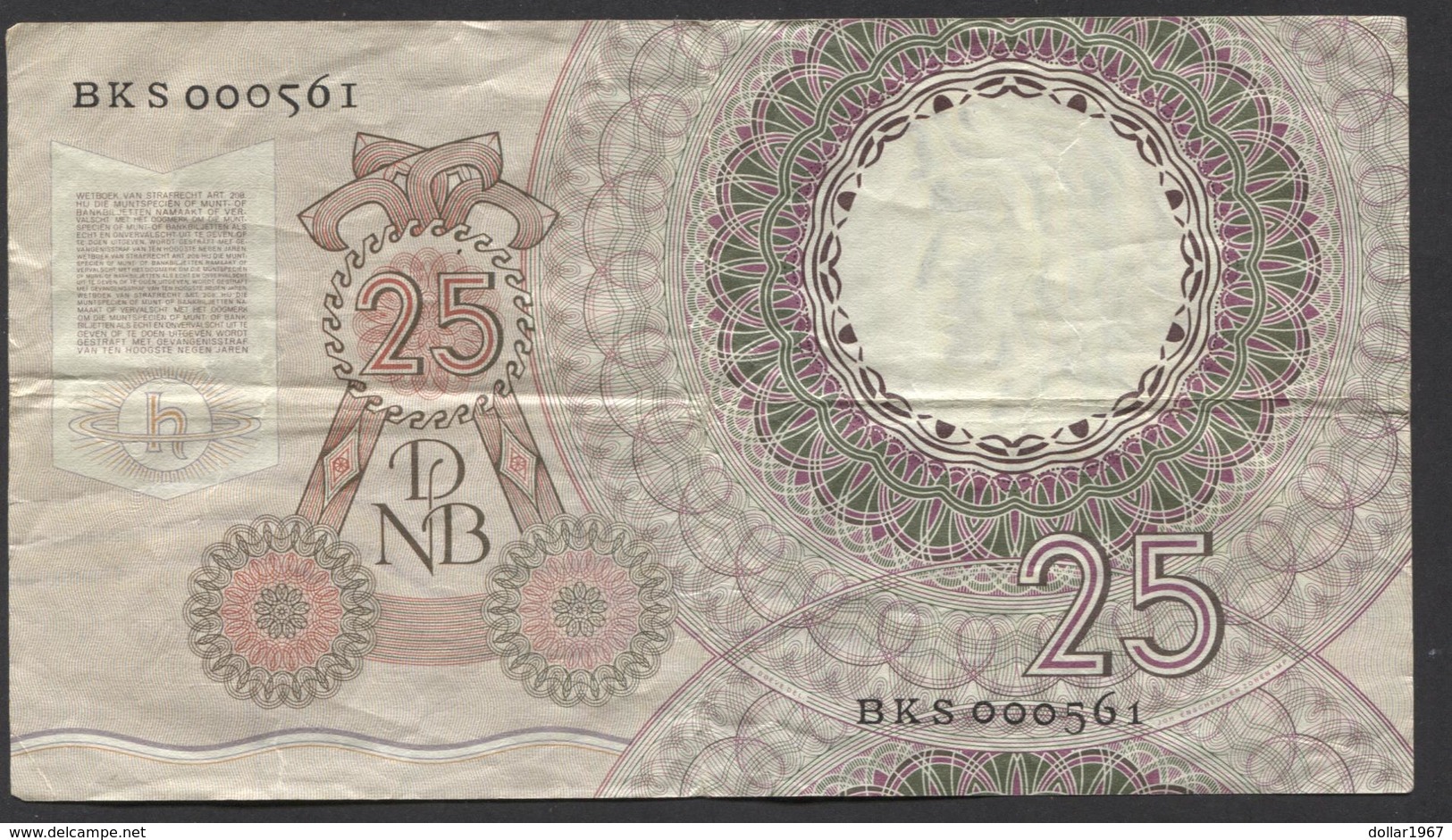 Netherlands  25 Gulden 10-4-1955 - NO: BKS 000561  - See The 2 Scans For Condition.(Originalscan ) - 25 Gulden