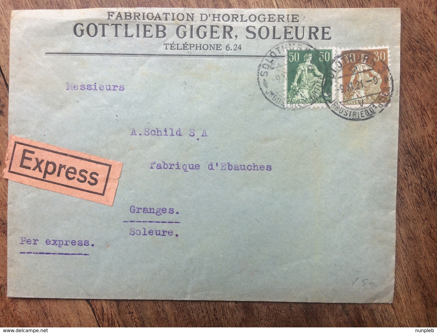 SWITZERLAND - 1921 Express Cover Soleure - `Gottlieb Giger - Fabrication D`Horlogerie` - `Solothurn Industriequartier` - Lettres & Documents