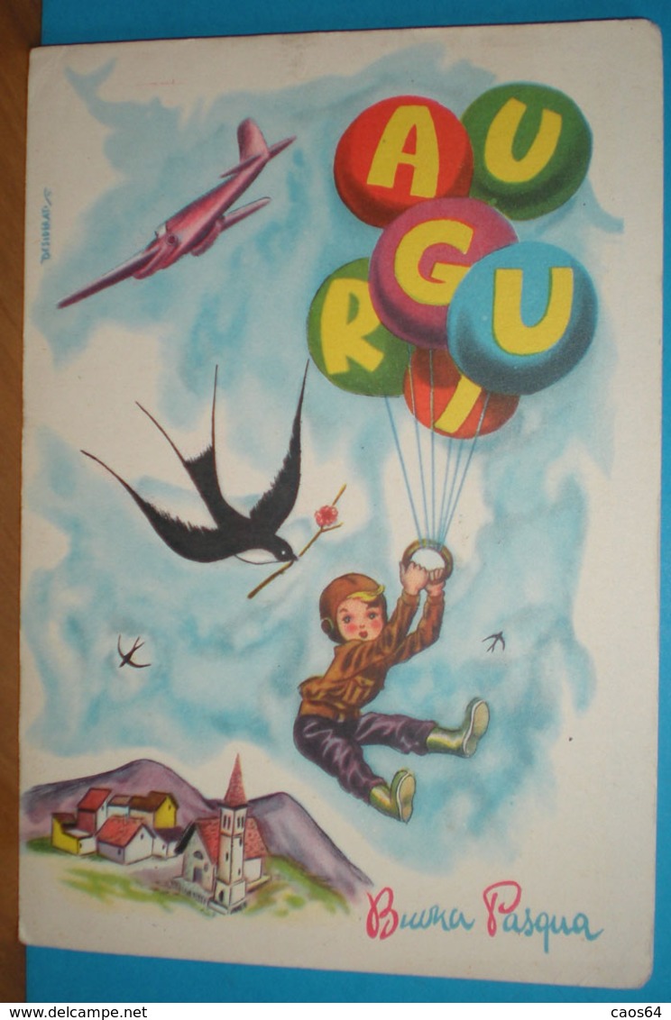 Auguri Buona Pasqua Aereo Bambino Aviatore Palloncini Illustratore Desiderati CARTOLINA Non Viaggiata - Easter