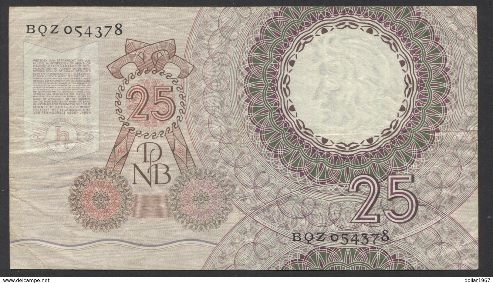 Netherlands  25 Gulden 10-4-1955 - NO: BQZ 054378  - See The 2 Scans For Condition.(Originalscan ) - 25 Gulden