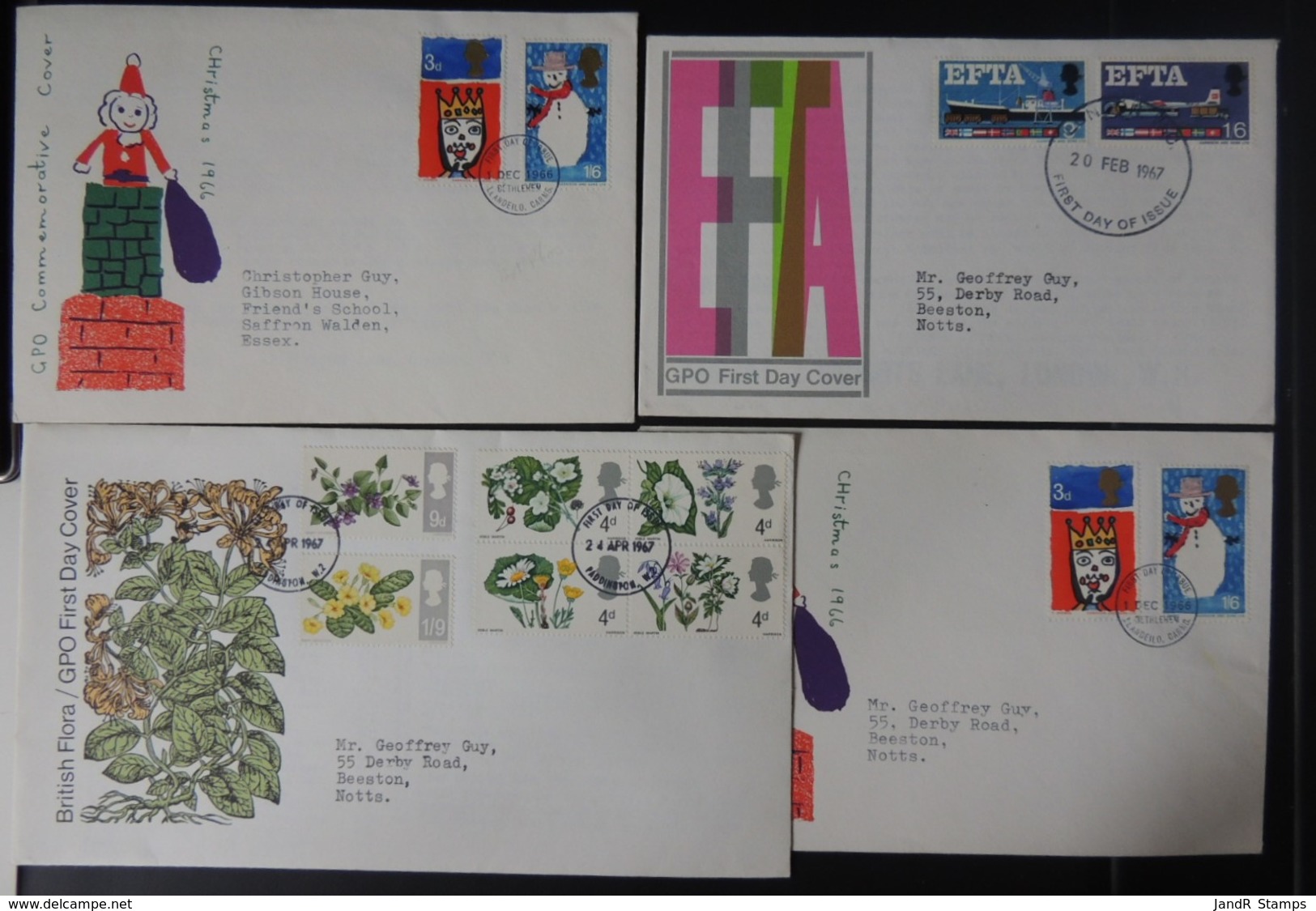 GB 1966/67 QEII FDC 4 Official Illustrated Covers Flowers EFTA Christmas First Day Cover Religion - 1952-1971 Pre-Decimal Issues