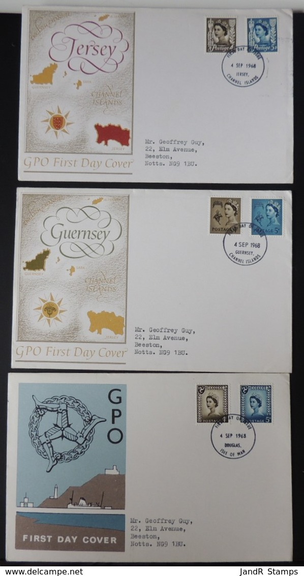 GB 1968 QEII FDC 3 Official Illustrated Covers Regional IOM Jersey Guernsey First Day Cover - 1952-1971 Pre-Decimal Issues