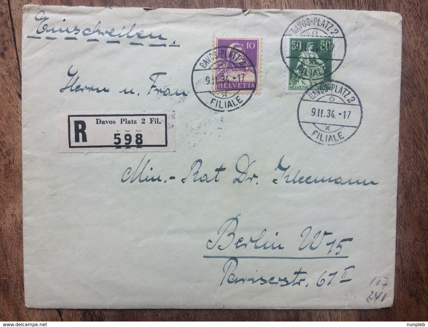 SWITZERLAND - 1934 Registered Davos Platz Cover To Berlin - Covers & Documents