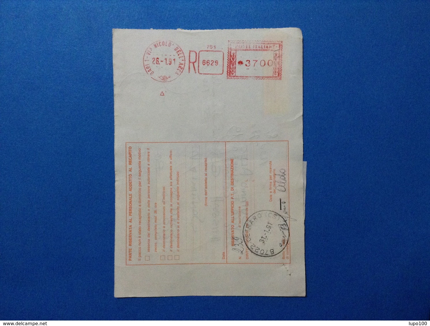 1991 AFFRANCATURA MECCANICA ROSSA EMA RED SU BOLLETTINO BARI 1 VIA NICOLÒ DELL'ARCA - Franking Machines (EMA)