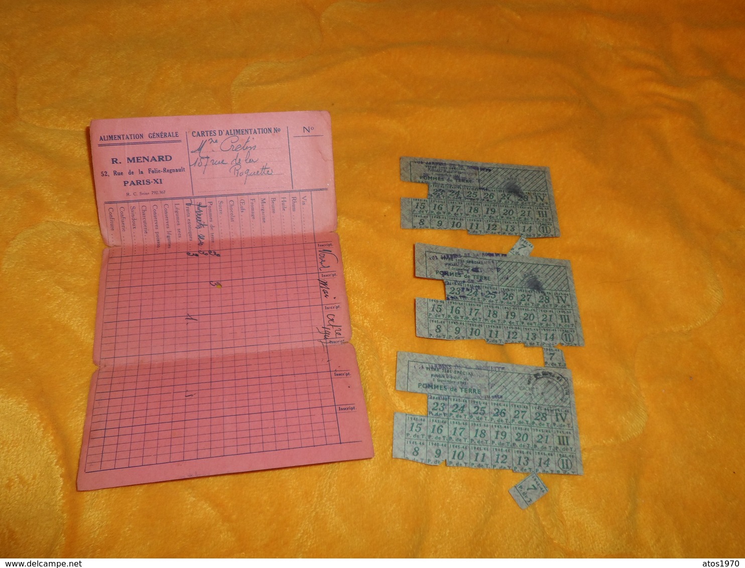 CARTE D'ALIMENTATION ALIMENTATION GENERALE R. MENARD PARIS XIe AVEC 3 TITRES POMME DE TERRE 1945-46 - Non Classés