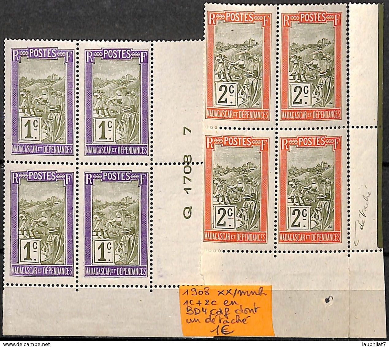 [835703]TB//**/Mnh-France (colonies) 1908 - Madagascar, 1c + 2c En Bd4, Cdf Dont Un Détaché - Postage Due