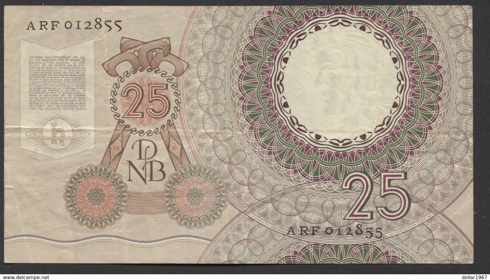 Netherlands  25 Gulden 10-4-1955 - NO: ARF 012855  - See The 2 Scans For Condition.(Originalscan ) - 25 Gulden