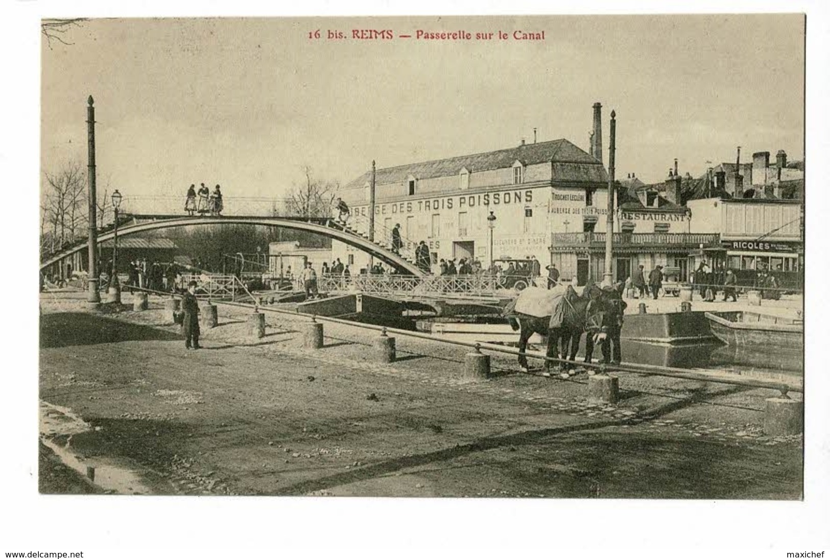 Reims - Passerelle Sur Le Canal (animation, Attelage De Mulets Employés Pour Le Hallage, Auberge Des Trois Poissons) - Reims