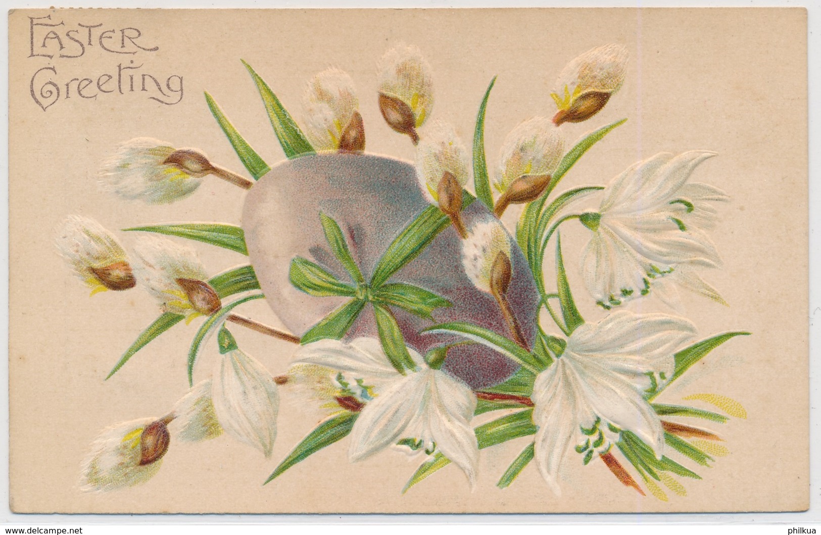 Prägekarte - 1908 - Easter Greatings - Gelaufen Ab USA - Osterei,  Weidenkätzchen, Schneeglocken - Pâques