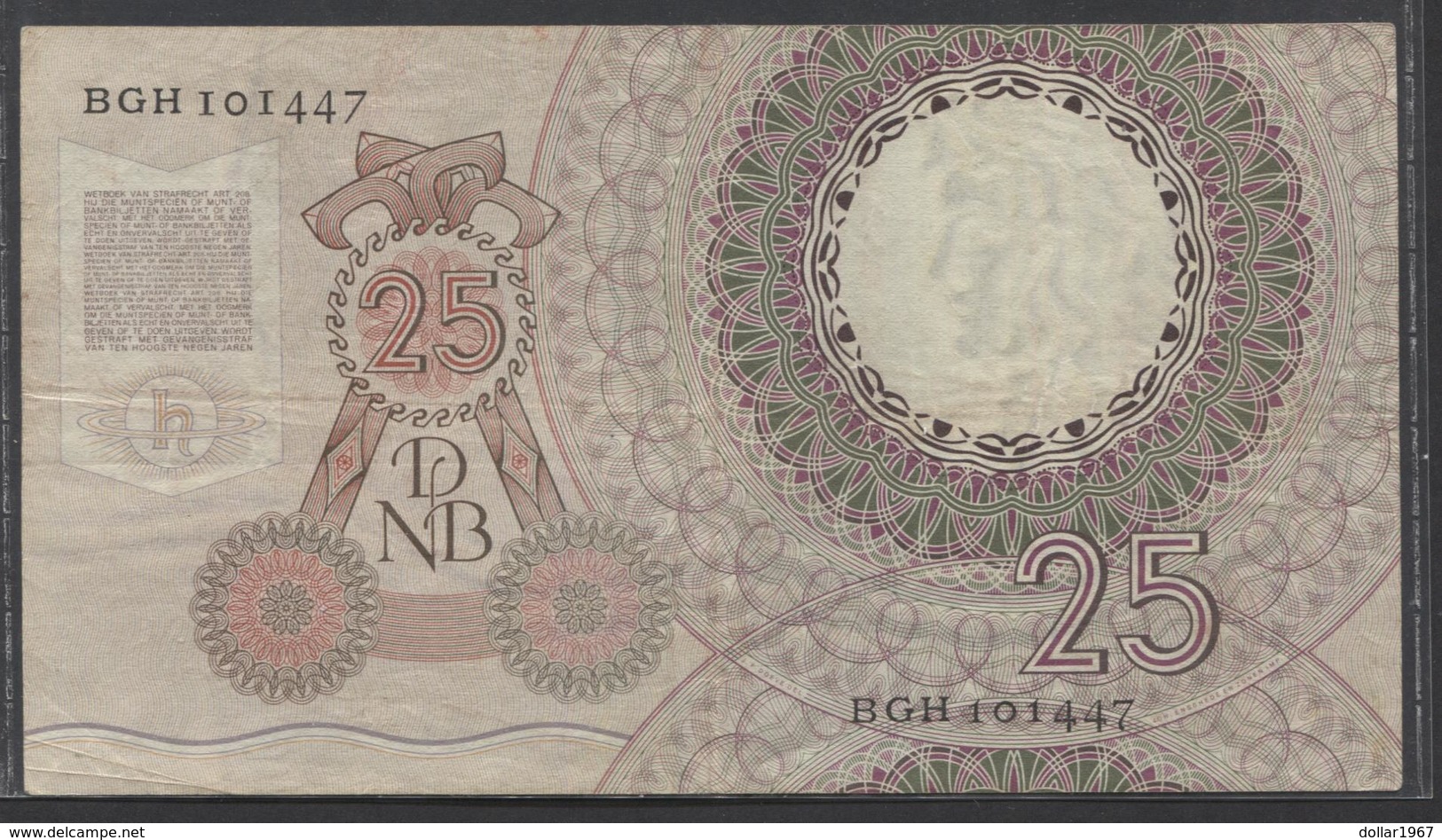 Netherlands  25 Gulden 10-4-1955 - NO: BGH 101447  Replacement  - See The 2 Scans For Condition.(Originalscan ) - 25 Florín Holandés (gulden)