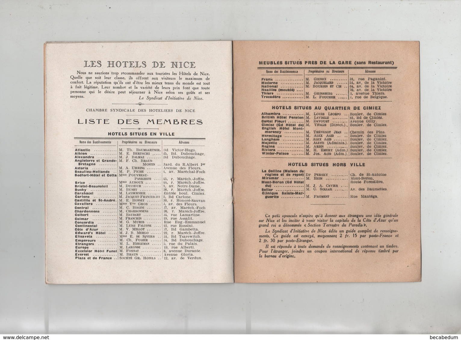 Nice Relations Ferroviaires Hôtels Avec Les Noms Des Propriétaires Et Situation 1929 - Provence - Alpes-du-Sud