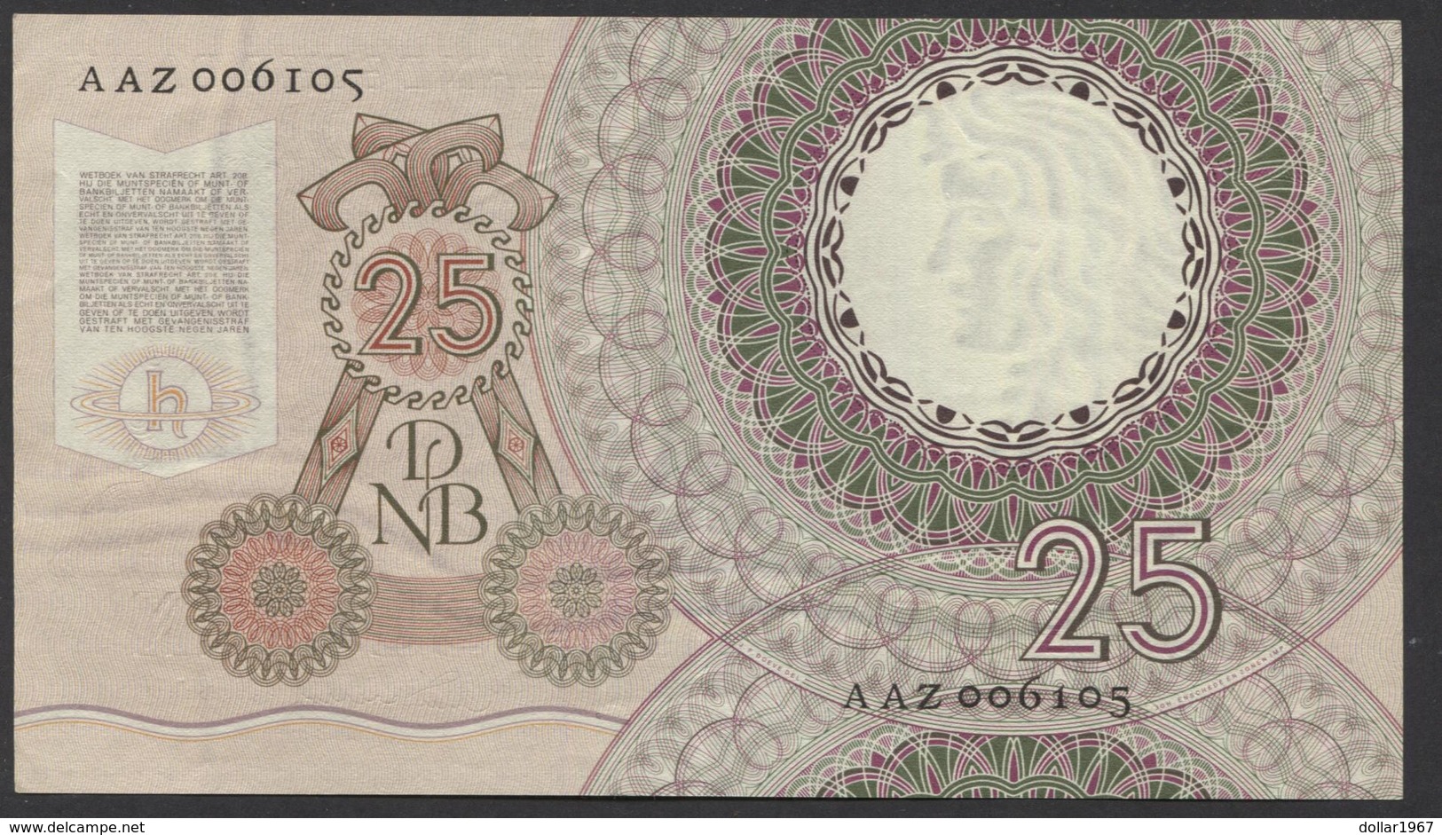 Netherlands  25 Gulden 10-4-1955 - NO: AAZ 006105  - See The 2 Scans For Condition.(Originalscan ) - 25 Gulden