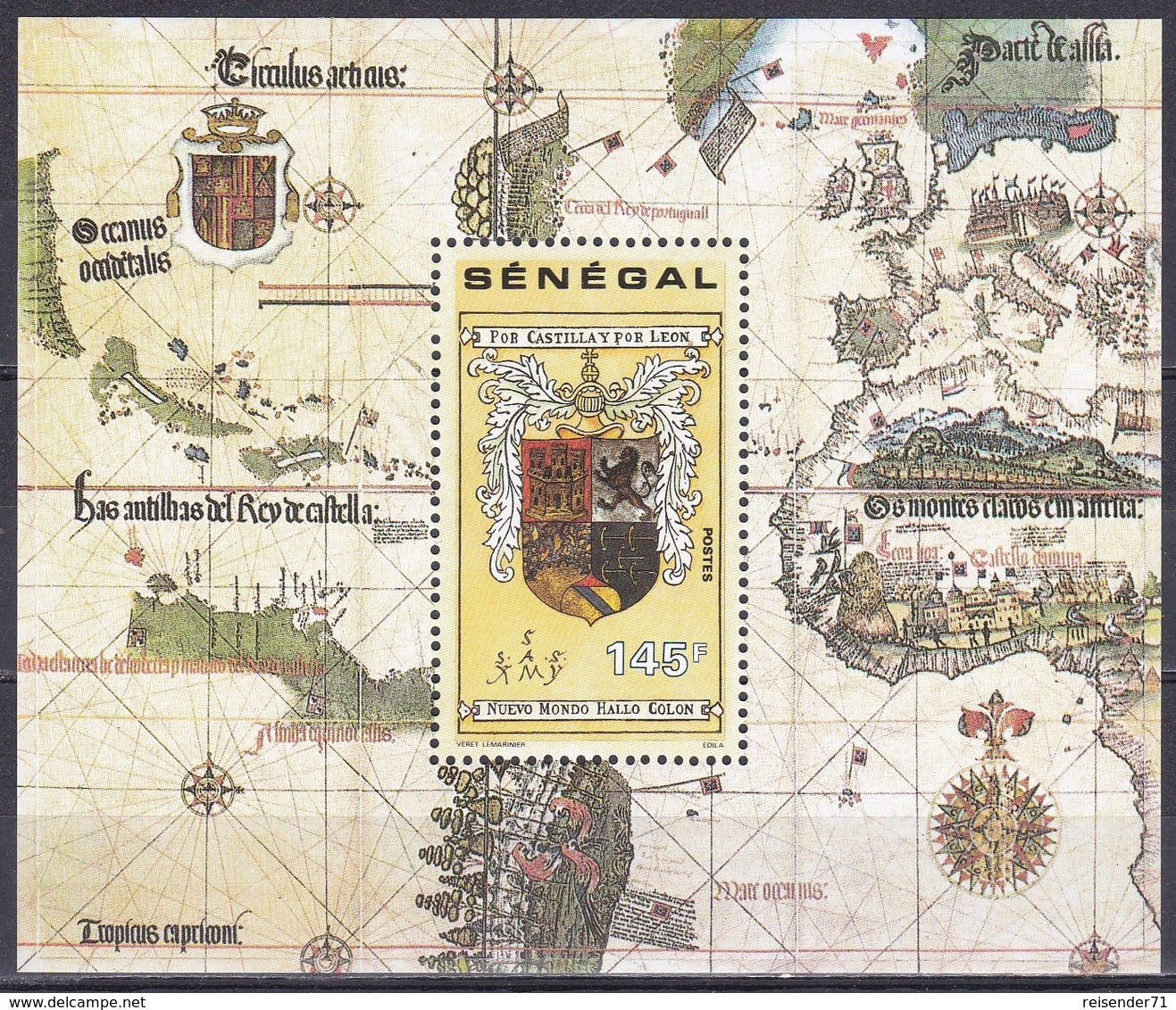 Senegal 1991 Geschichte History Entdeckungen Discovery Kolumbus Columbus Schiffe Ships Wappen Coat Of Arms, Bl. 66 ** - Senegal (1960-...)
