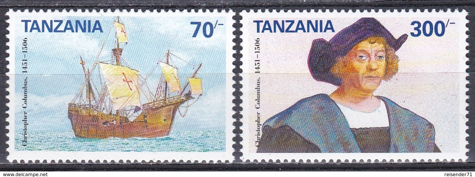 Tansania Tanzania 1992 Geschichte History Entdeckungen Discovery Kolumbus Columbus Schiffe Ships Seefahrt, Mi. 1426-7 ** - Tansania (1964-...)