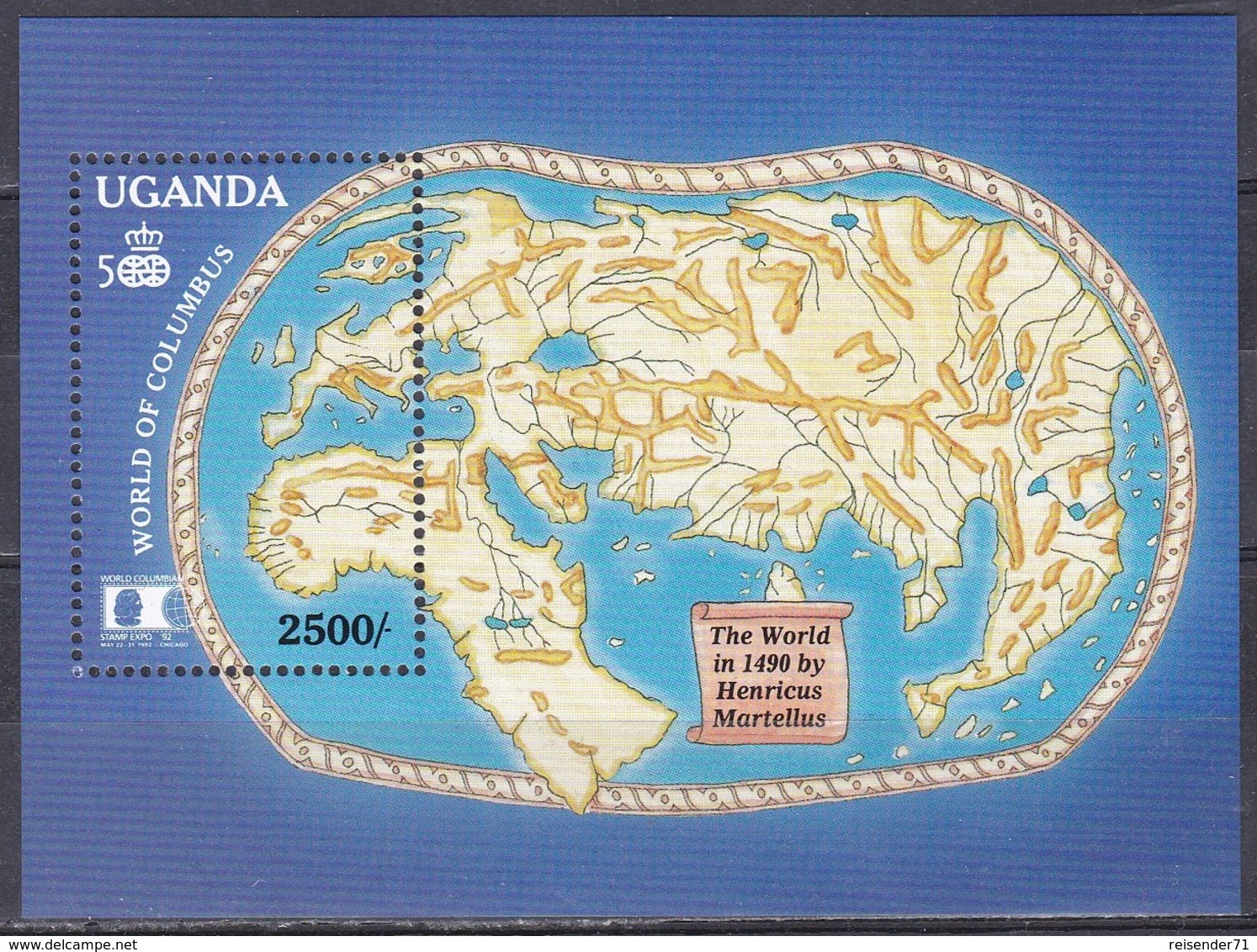 Uganda 1992 Geschichte History Entdeckungen Discovery Kolumbus Columbus Martellus WORLD COLUMBIAN STAMP EXPO, Bl. 166 ** - Uganda (1962-...)