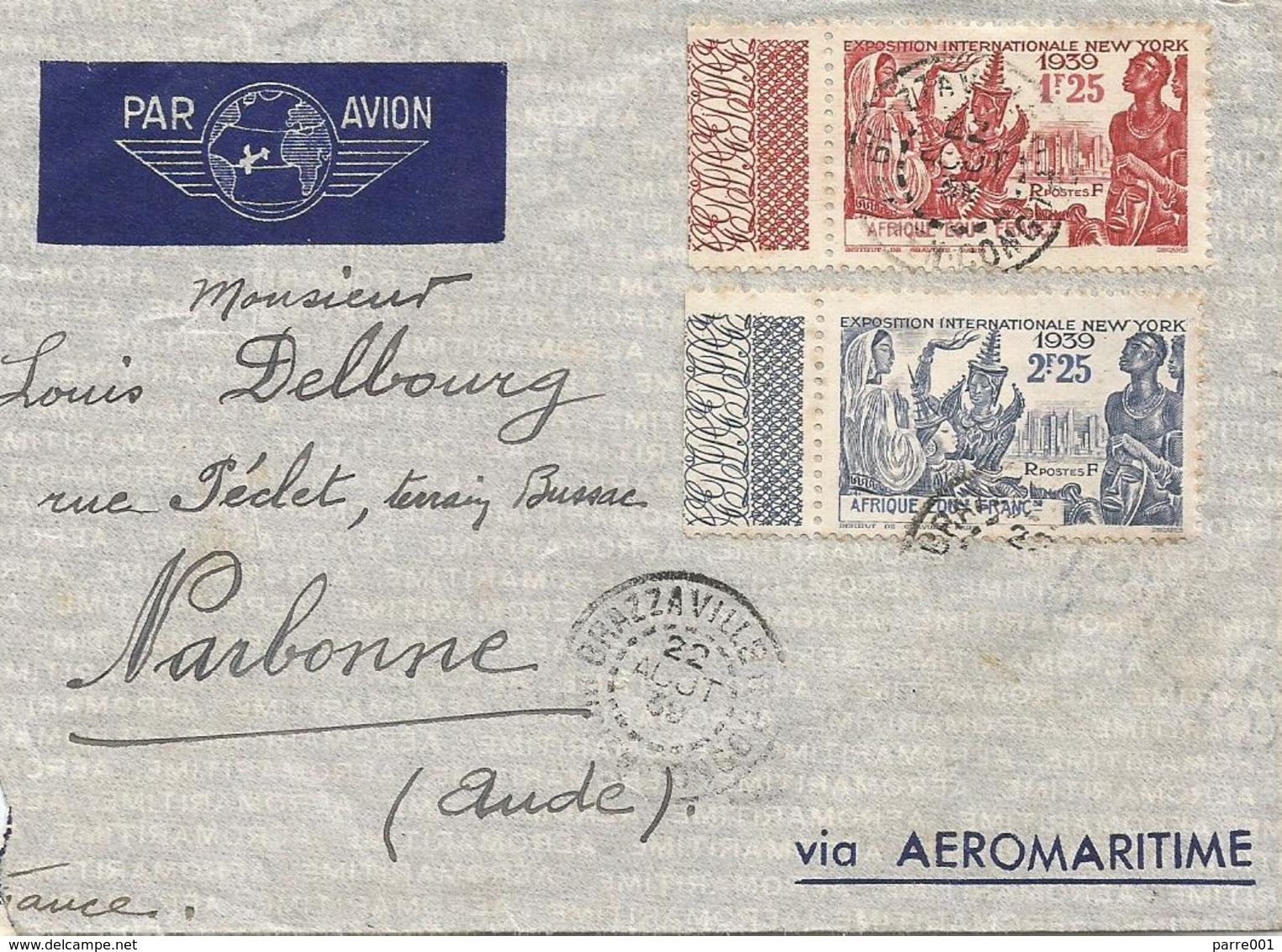 AEF Congo 1939 Brazzaville World EXPO New York Gendarme Cover - Altri & Non Classificati