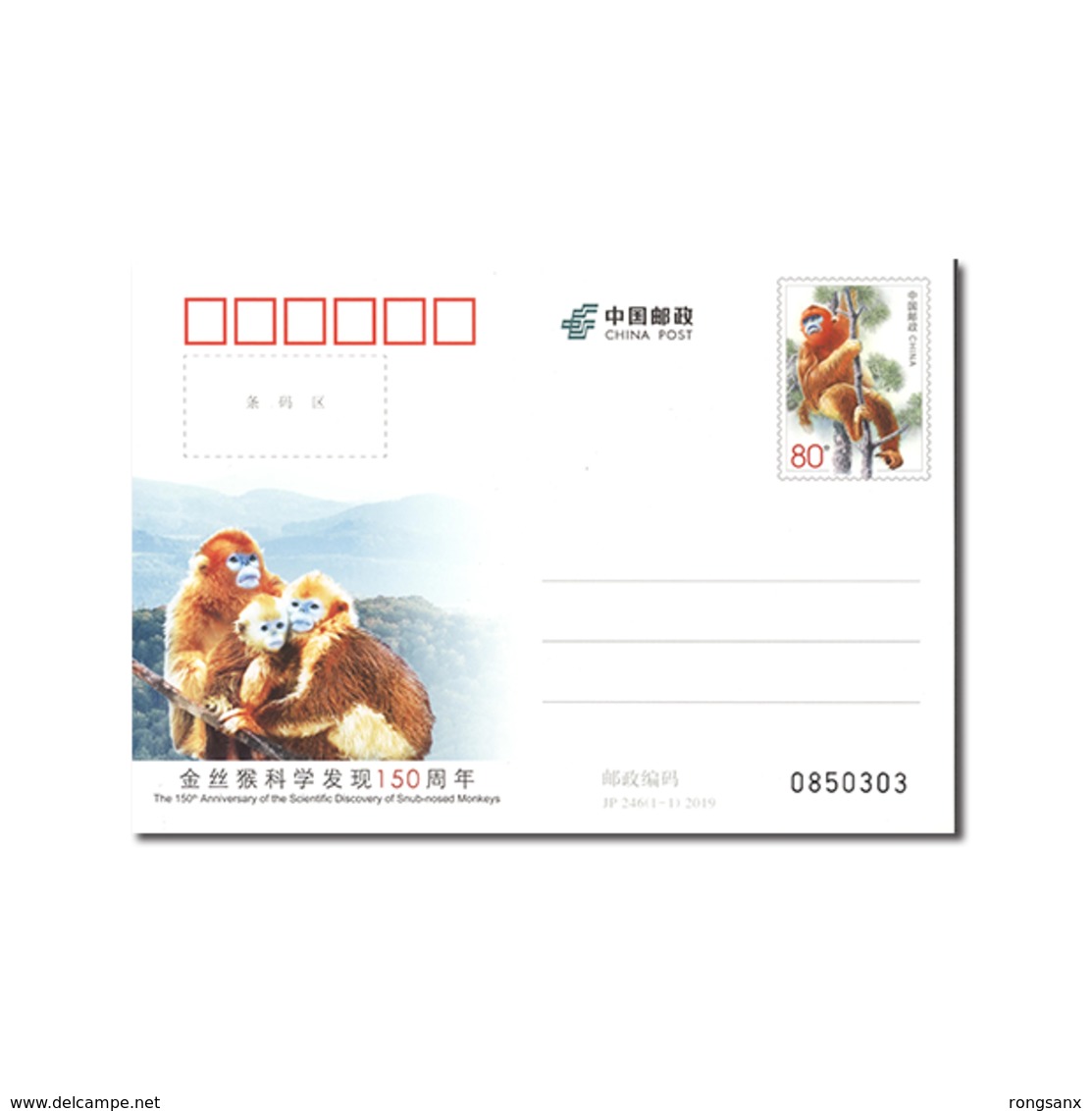 2019 CHINA JP-246 150 ANNI OF Discovery OF SNUB-NOSED MONKEYS P-CARD - Postcards