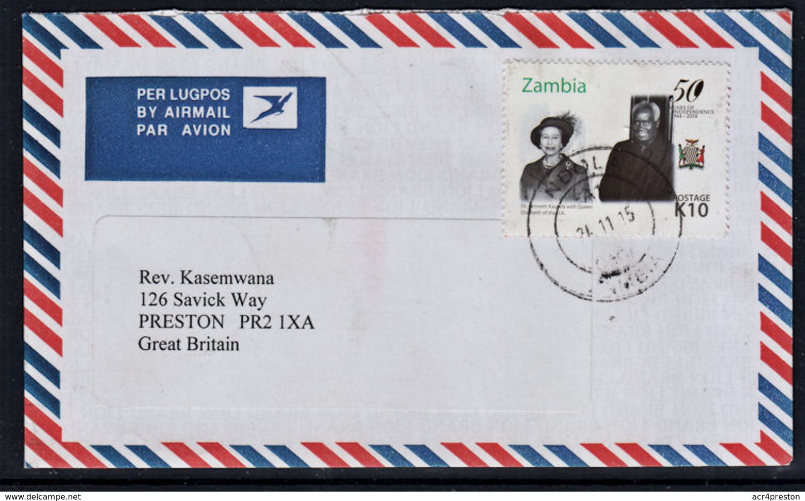 Ca0009 ZAMBIA 2015, 50th Anniv Independence Stamp On Ndola Cover To UK - Zambie (1965-...)