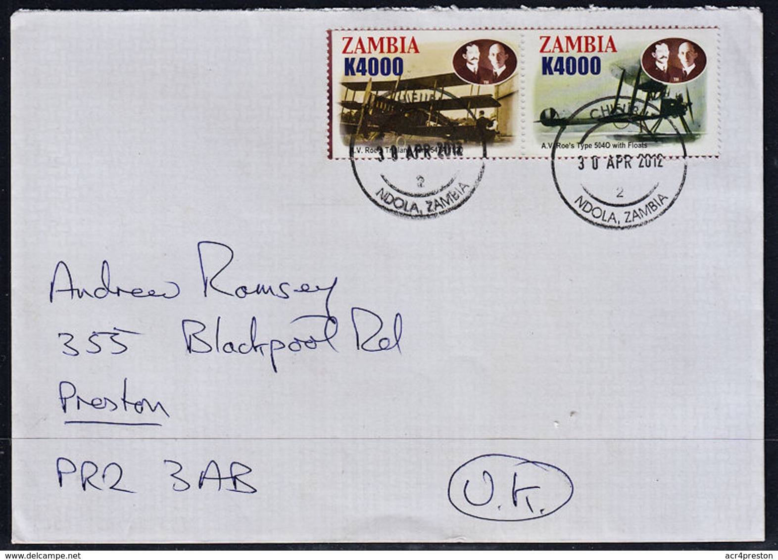 Ca5038 ZAMBIA 2012, Plane Stamps (rarely Seen Postally Used) On Chifubu Cover To UK - Zambia (1965-...)