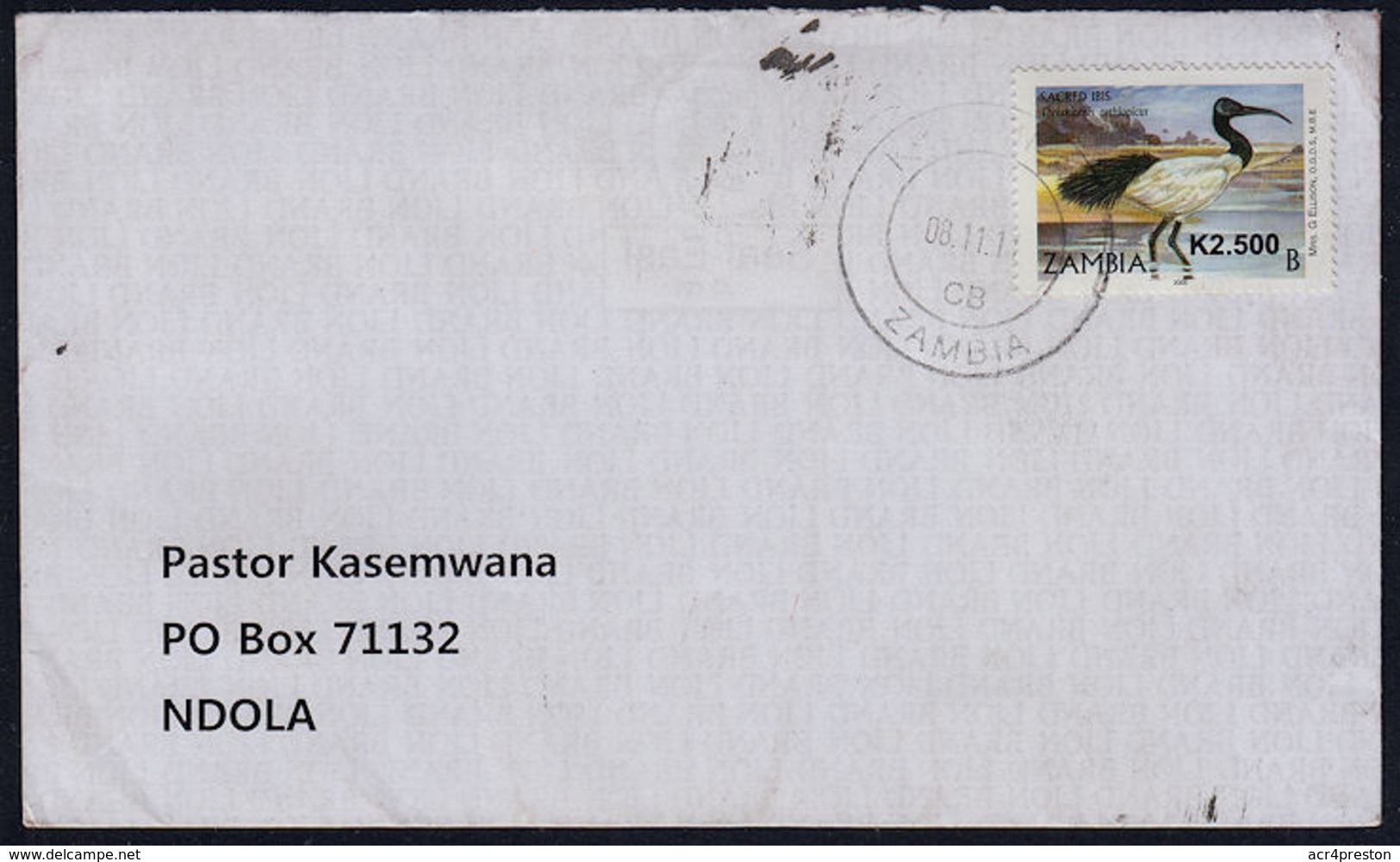 Cc0045 ZAMBIA 2011, Bird Stamp On Kawambwa Cover To Ndola - Zambia (1965-...)