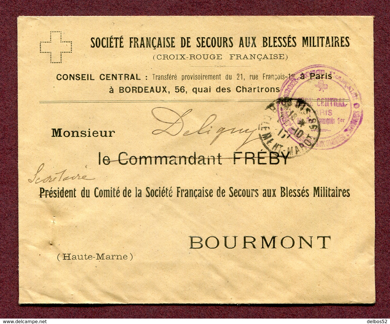 CROIX-ROUGE : " SECOURS AUX BLESSES MILITAIRES " 1917 Pour BOURMONT - Guerre De 1914-18