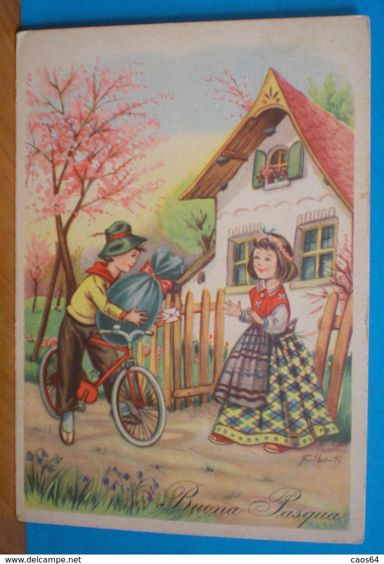 Auguri Buona Pasqua Bambino Consegna Uovo In Bicicletta Illustrata Galbi  CARTOLINA Viaggiata 1956 - Easter