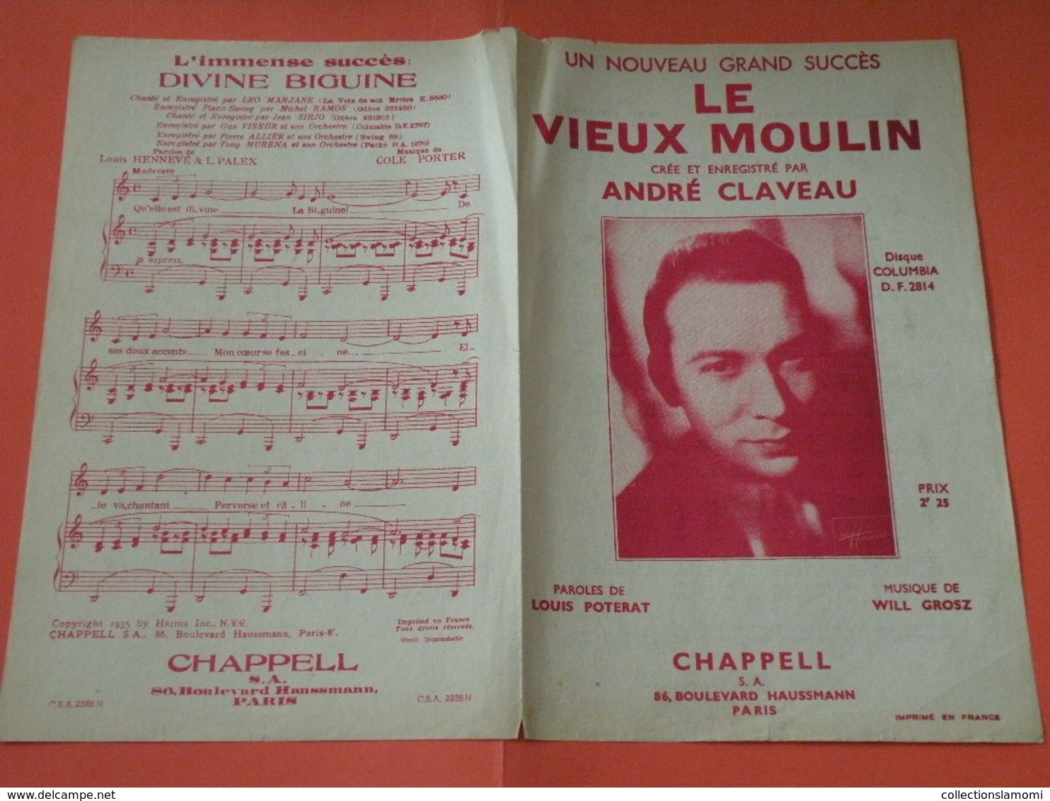 Le Vieux Moulin (André Claveau)-(Paroles Louis Poterat) (Musique Will Grosz) Partition 1939 - Chansonniers