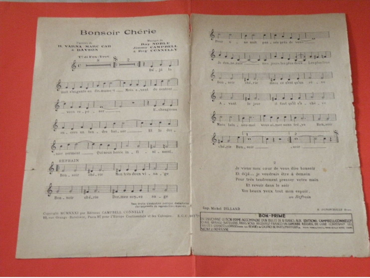 Bonsoir Chérie (Roger Dann)-(Paroles H. Varna Marc Cah & Davson) (Musique R. Noble J. Campbell) Partition 1931 - Chansonniers