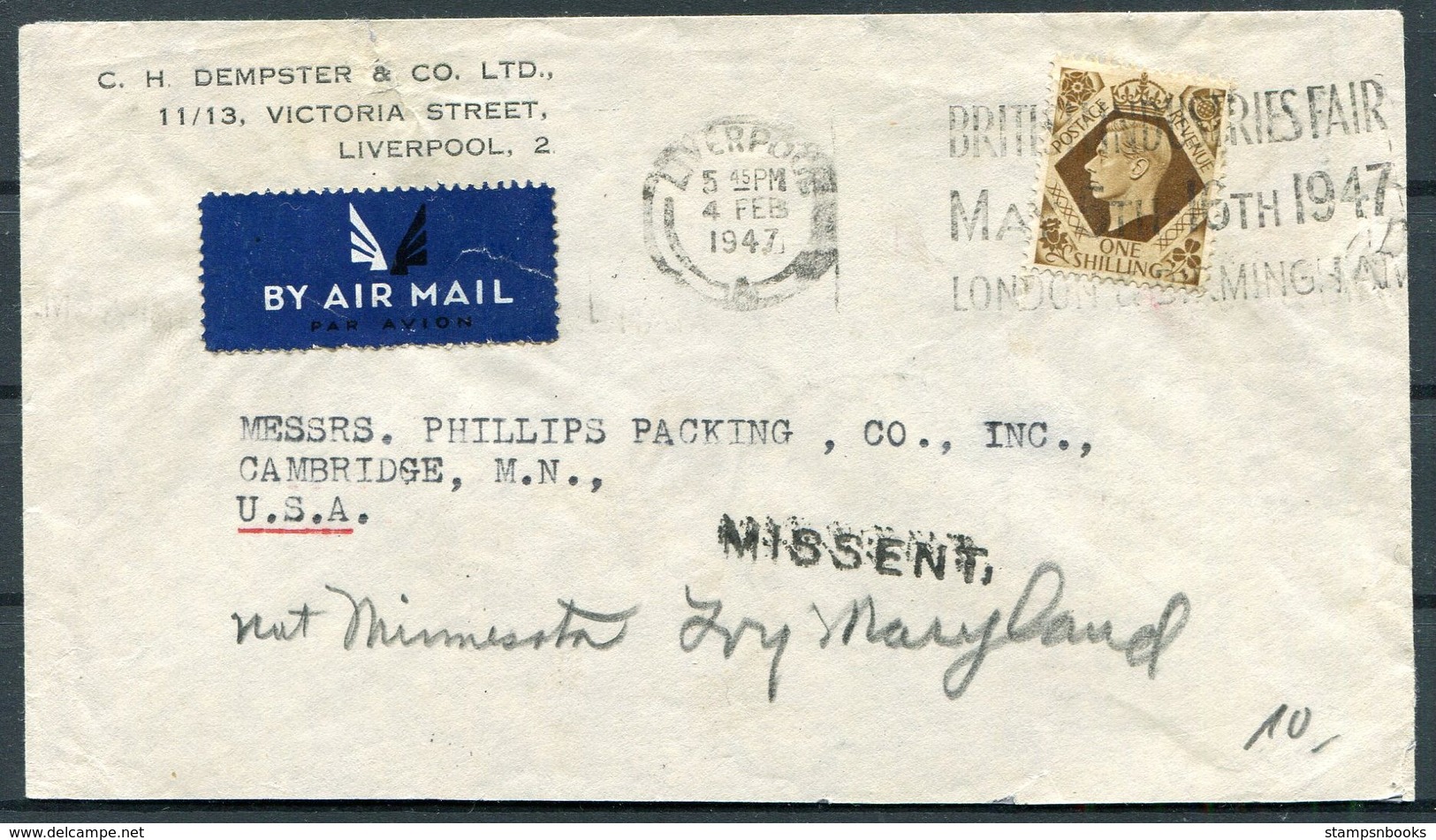 1947 GB Dempster & Co, Liverpool Airmail Cover - USA. Cambridge Minn. Redirected Maryland MISSENT - Covers & Documents