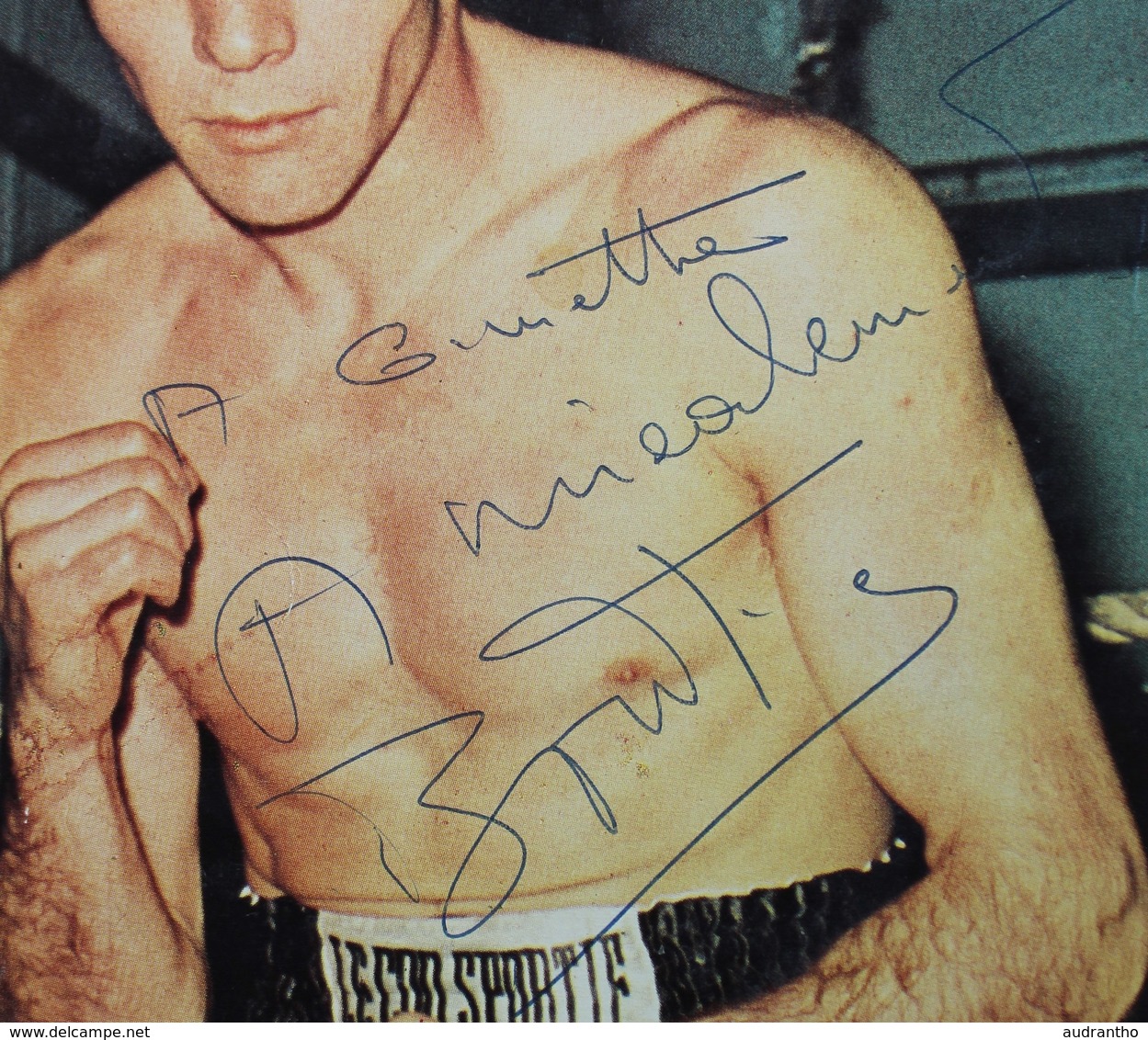 Grande Carte Photo Avec Autographe Jean Claude Bouttier Boxeur Boxe Signature Publicité Le Coq Sporif - Autografi