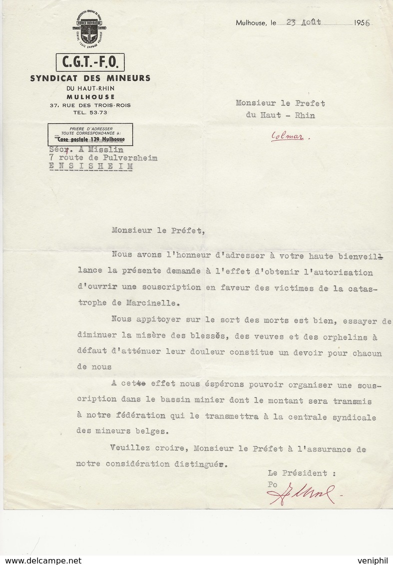 LETTRE C.G.T.- FO - MULHOUSE - DEMANDE DE SOUSCRIPTION EN FAVEUR DES VICTIMES DE LA CATASTROPHE DE MARCINELLE -1956 - 1950 - ...