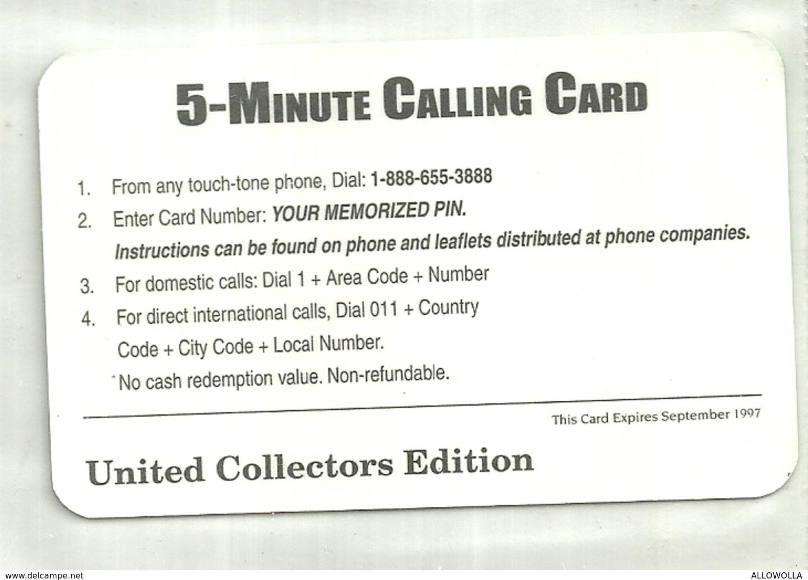 3514 " 5 MINUTE CALLING CARD-UNITED COLLECTORS EDITION-1997" ORIGINALE - Sammlungen