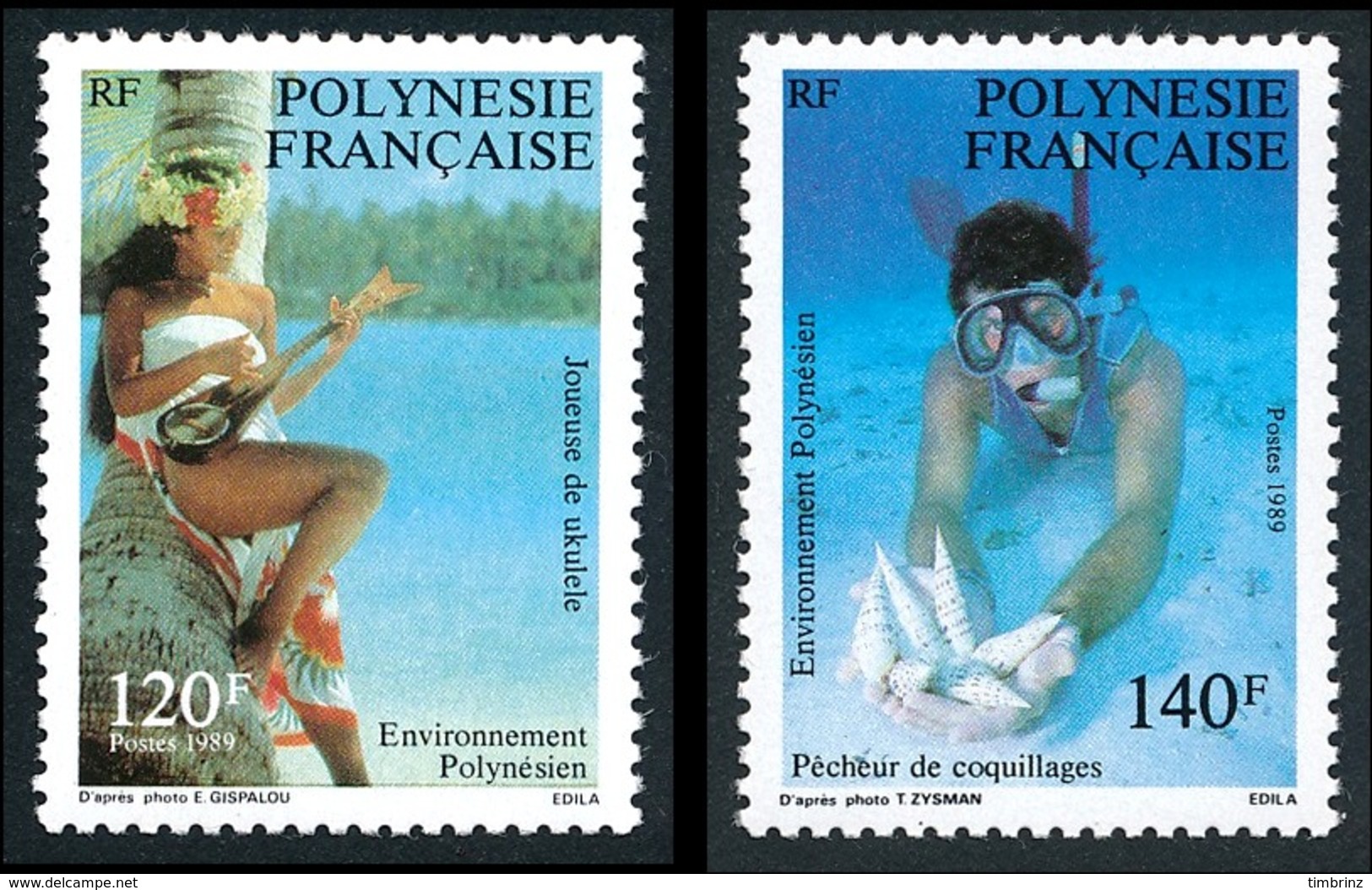 POLYNESIE 1989 - Yv. 331 Et 332 ** SUP  Faciale= 2,18 EUR - Joueuse Ukulélé Et Pêcheur De Coquillage (2 Val.)  ..Réf.POL - Ungebraucht