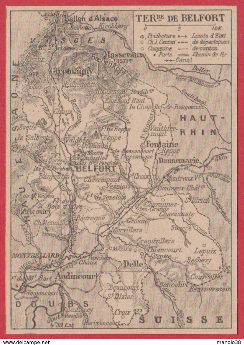 Carte Du Département Du Territoire De Belfort (90), Préfecture... Chef Lieu De Canton.. évêché, Canal..Larousse 1920 - Non Classés