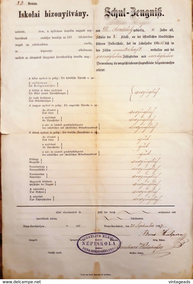 AD178 - Schulzeugnis Der öffentlichen Israelitischen Höheren Volksschule Duna-Szerdahely 1887 - Diplome Und Schulzeugnisse