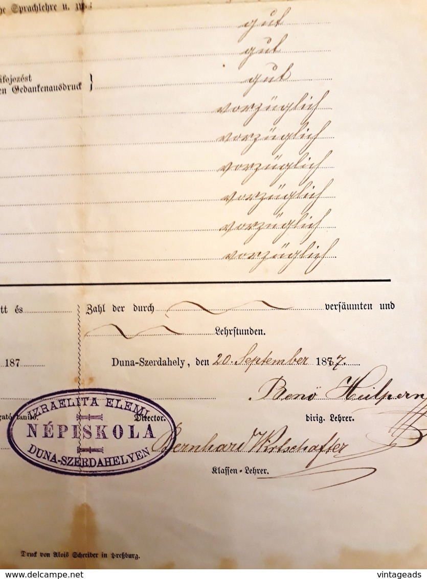 AD178 - Schulzeugnis Der öffentlichen Israelitischen Höheren Volksschule Duna-Szerdahely 1887 - Diplome Und Schulzeugnisse