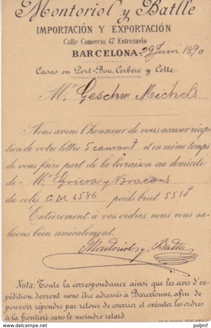 Entier Repiqué (Montoriol... Importacion...) 10c Brun Alphonse XII De Barclone Le 29 Juin 90 Pour Crefeld Allemagne - Lettres & Documents