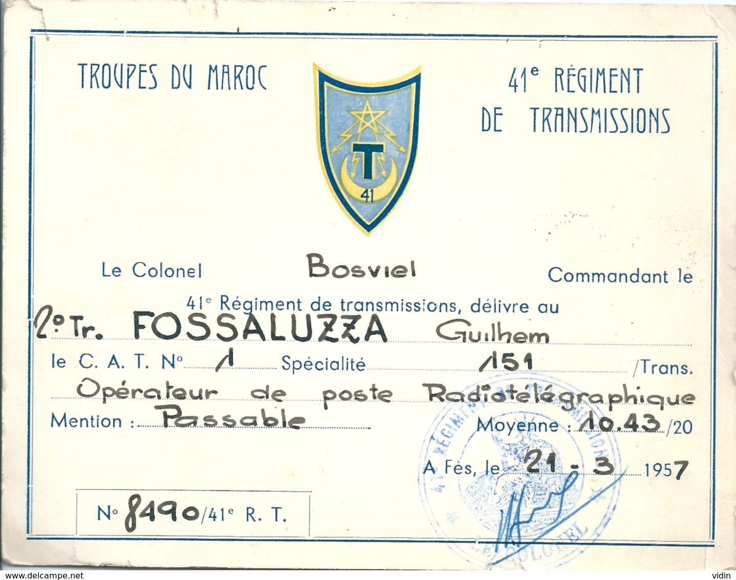 MILITARIA MAROC 41° Bataillon Transmission Troupes Du Maroc Radiotélégraphie 1957 - Documents Historiques