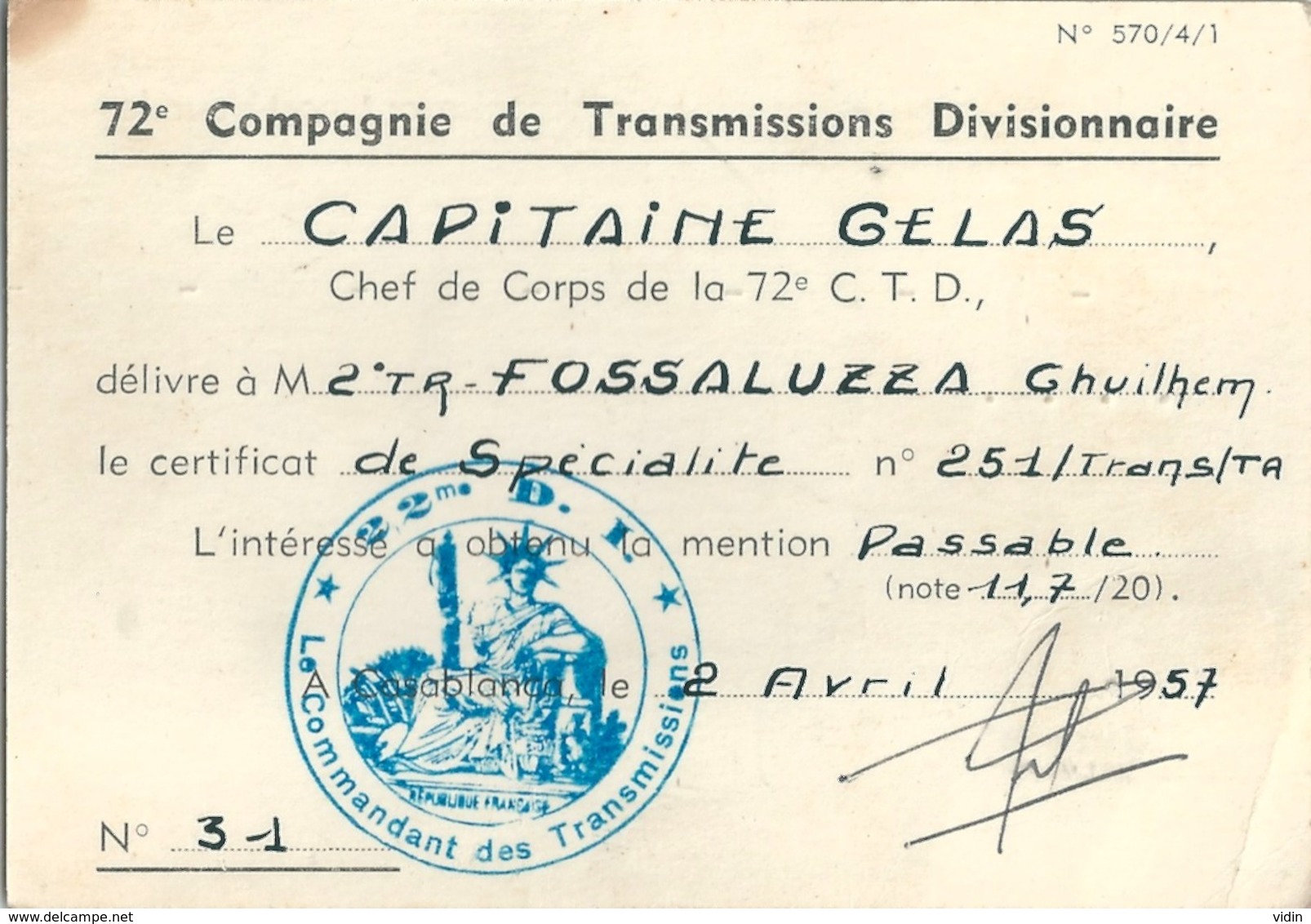 MILITARIA MAROC 72° Compagnie De Transmissions 1957 - Documents Historiques