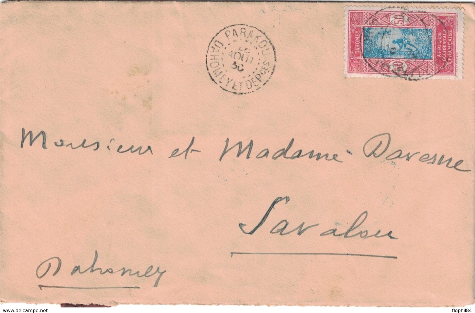 DAHOMEY ET DEPENDANCES - PARAKOU - 26-8-1930 - AFFRANCHISSEMENT A 50c POUR SAVALOU DAHOMEY. - Storia Postale