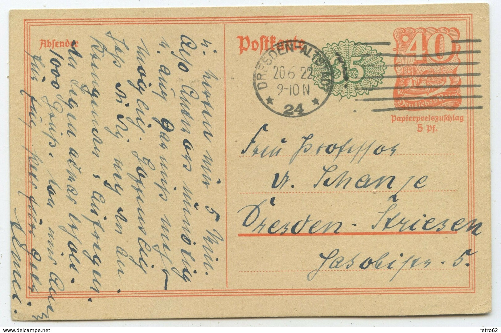 Deutsches Reich Orts GA Postkarte Dresden 1922 - Lettres & Documents