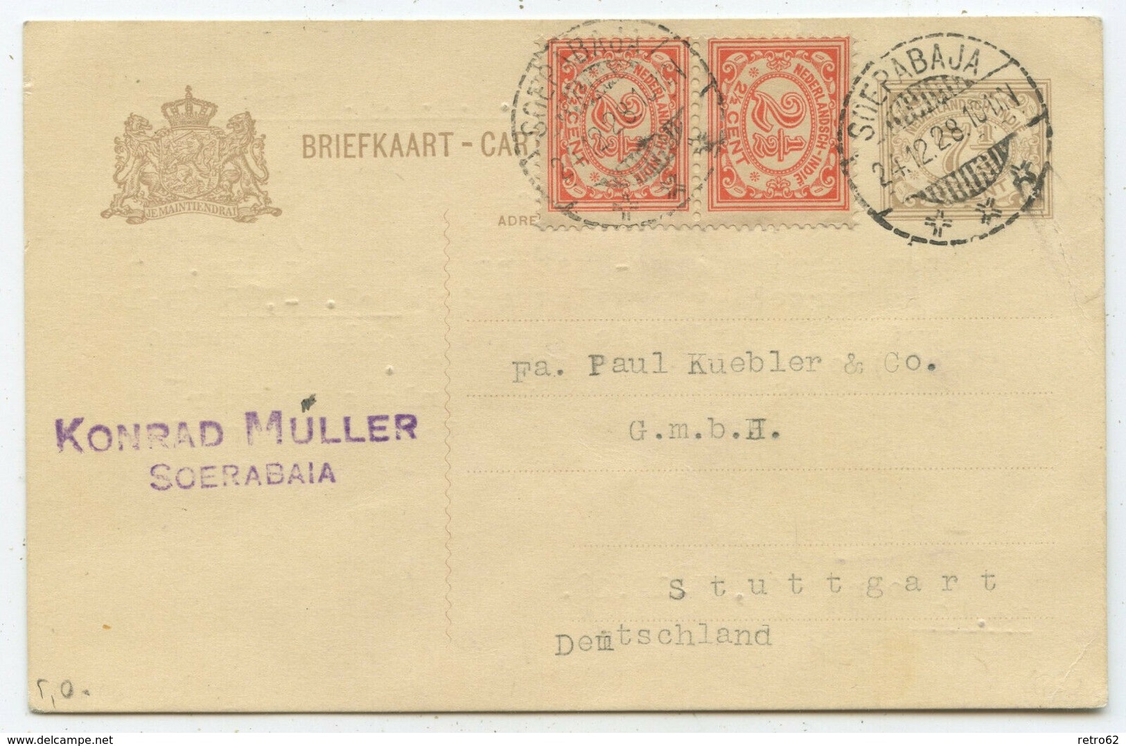 Niederländisch-Indien GA ZuF Postkarte Soerabaja Stuttgart 1928 - Indes Néerlandaises