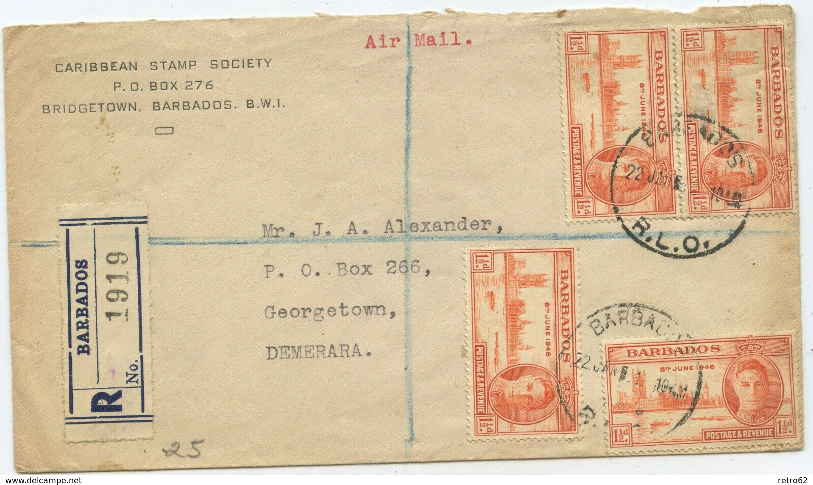 Barbados R Brief Nach Georgetown Guyana 1951 - Barbades (...-1966)