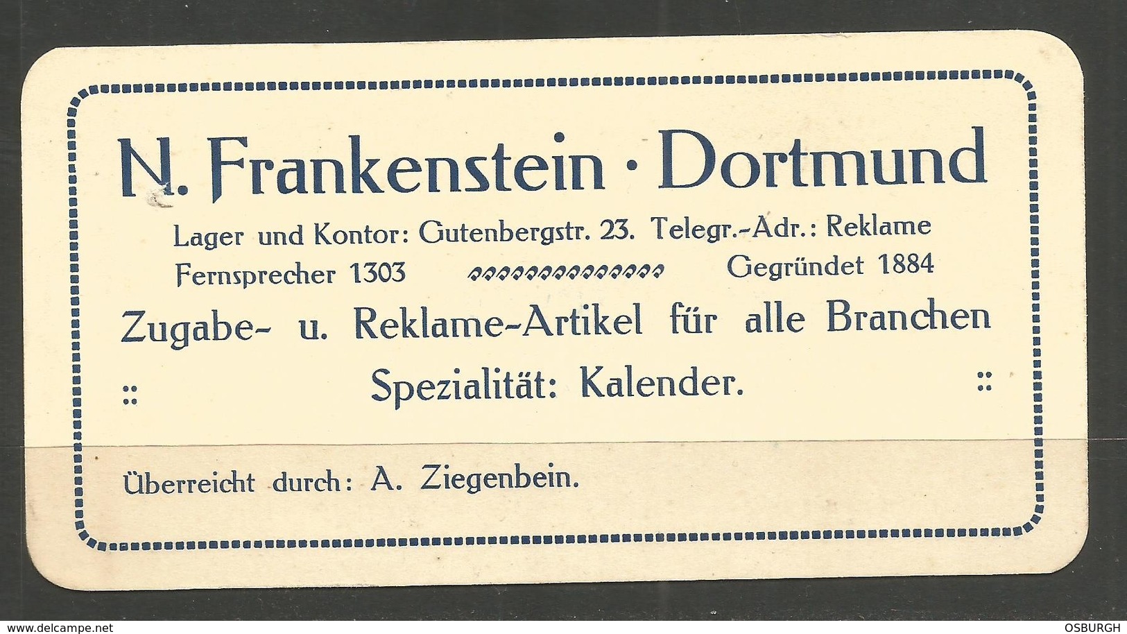 GERMANY. BUSINESS CARD.  FRANKENSTEIN – CALENDERS – DORTMUND. ABOUT ¾ POSTCARD SIZE - Other & Unclassified