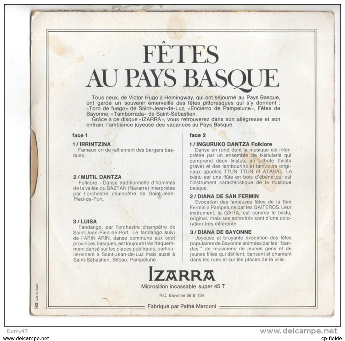 DISQUE 45T . FÊTES AU PAYS BASQUE . IRRINTZINA, MUTIL DANTZA, LUISA, INGURUKO DANTZA, DIANA DE SAN FERMIN - Réf. N°6D - - World Music